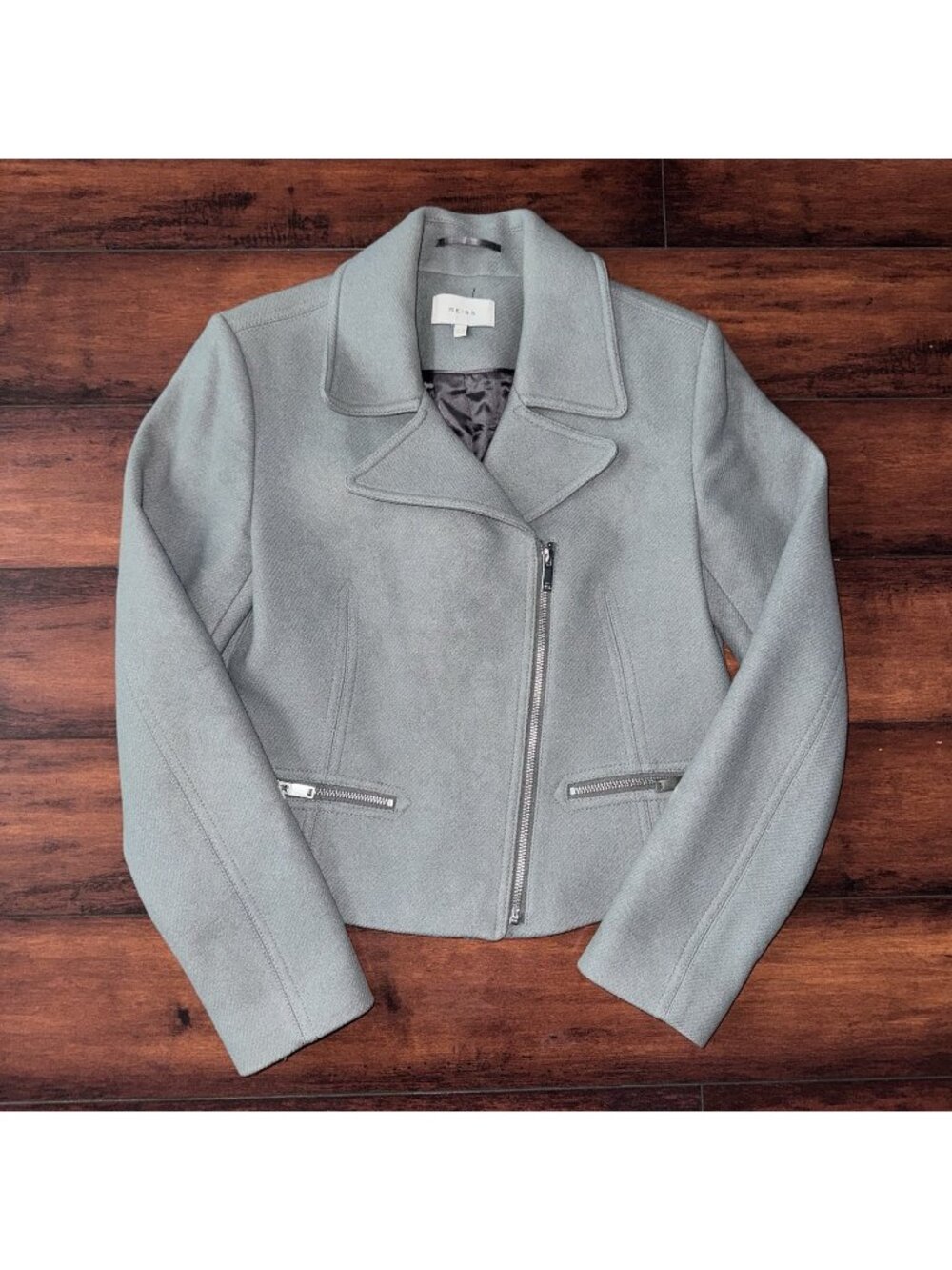 Reiss Biker Jacket Grey Wool Blend Asymmetric Zip Slade Gray Size 6 (M)